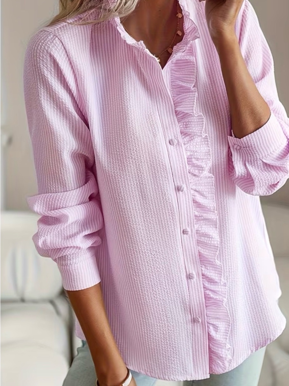 Women's Pink Ruffle Button-Front Top - Picture 3 of 3